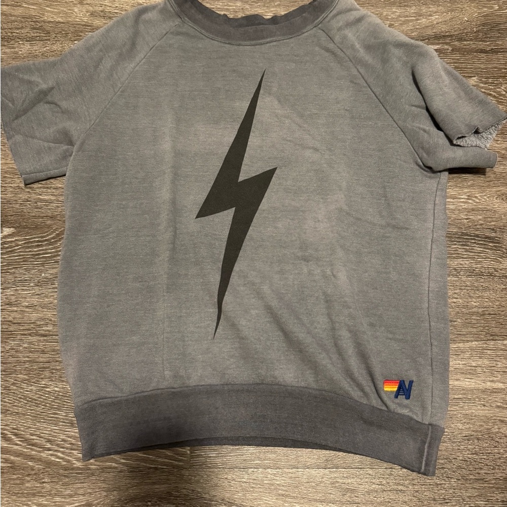 Aviator Nation Charcoal cut off sweatshirt with Black Lightning Bolt